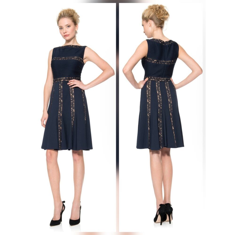TADASHI SHOJI Black Pintuck Lace Jersey Fit & Flare Dress Size Petite Medium
